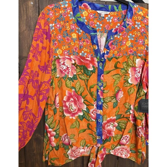John Mark Plus Top 2X Split V Neck 3/4 sleeve Tie Front Orange Floral NEW $109 - Picture 3 of 10